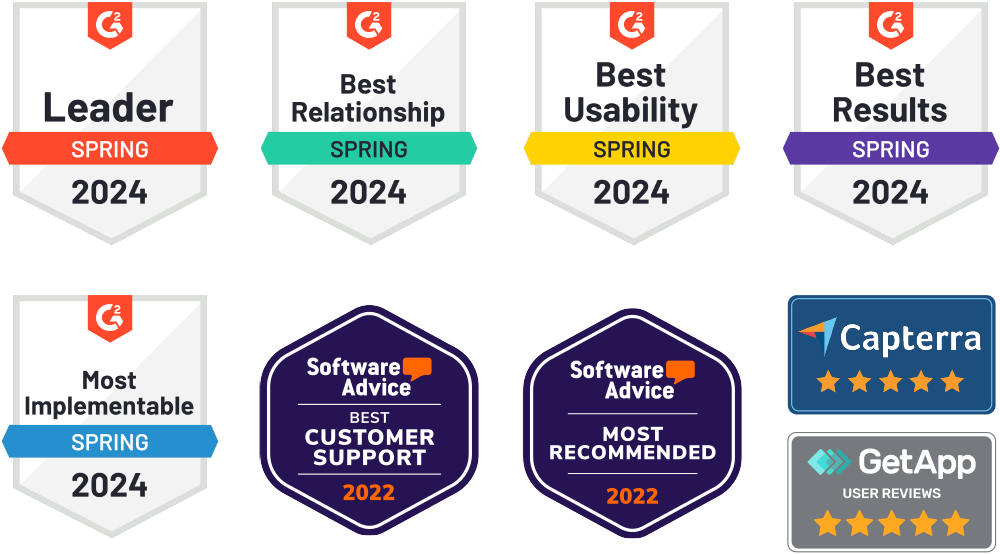 Award Force awards badges: leader, best relationship, best usability, best results, most implementable